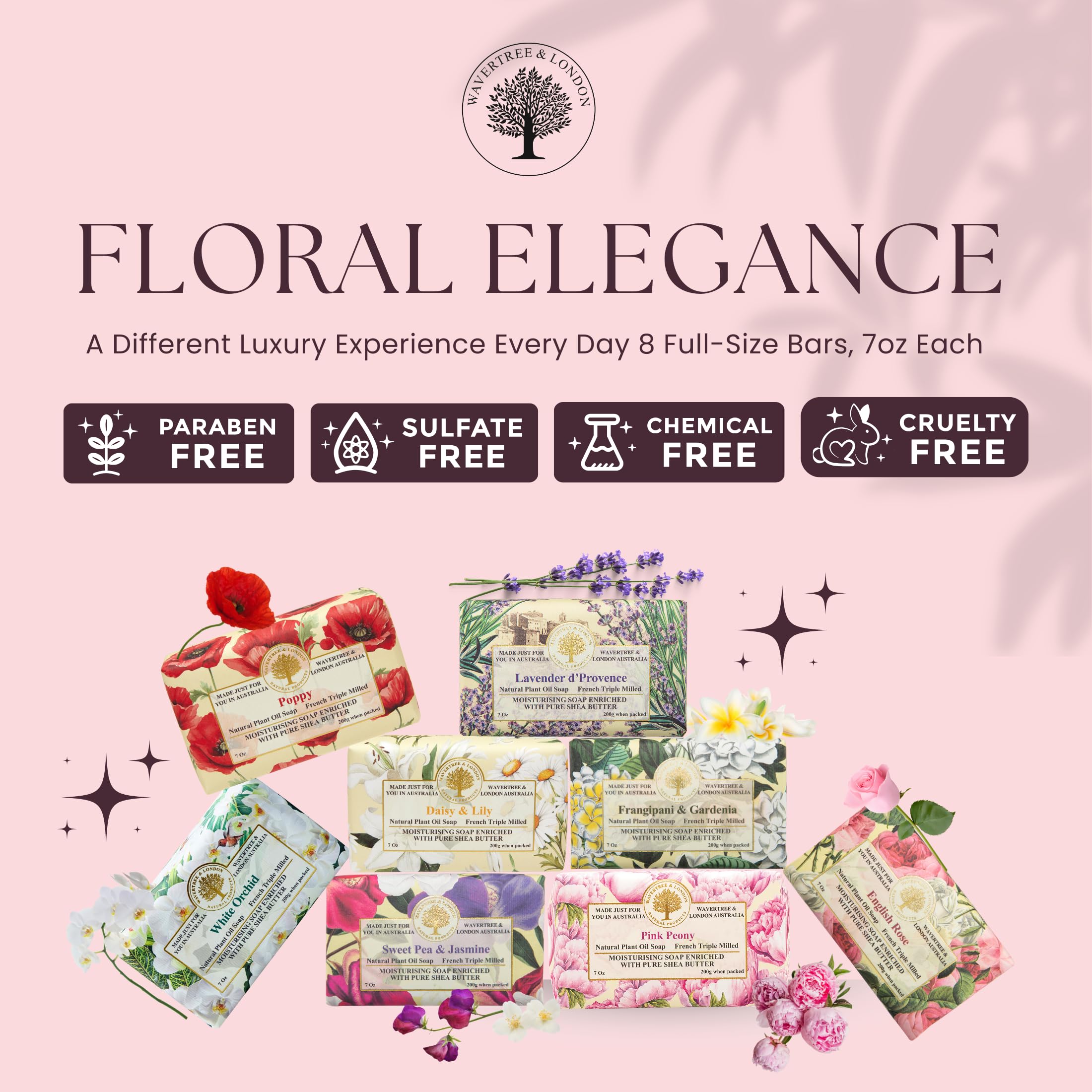 Wavertree & London Assorted Floral Elegance Scents Natural Soap Bars (Pack of 8), 7oz Moisturizing Triple Milled Soap Bars Enriched with Shea Butter and Pure Plant Oils | All Body & Bath Soap