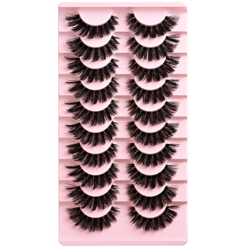 APCYUST Lashes False Wispy Eyelashes Natural Volume Cat Eye Lash Strips Thick Fake Mink Eyelash Pack Natural Looking Fluffy Full Strip Lashes Set Clear Band Easy Eyelashes for Beginners