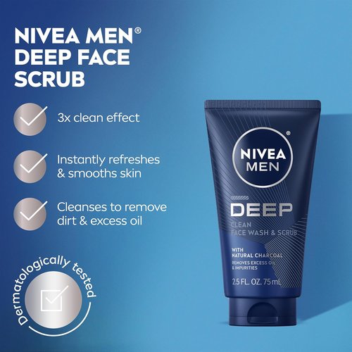 NIVEA MEN Deep Clean Face Wash - Exfoliating Charcoal Formula for Oil Control | 2.5 Fl Oz Tube, Pack of 3