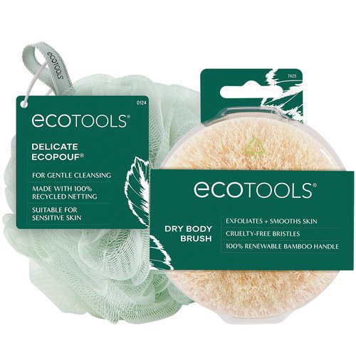 EcoTools Dry Body Brush for Circulation, Dead Skin Removal + Green Delicate EcoPouf Made with Recycled Netting for Cleansing and Exfoliating Sensitive Complexion, Self-Care Gifts