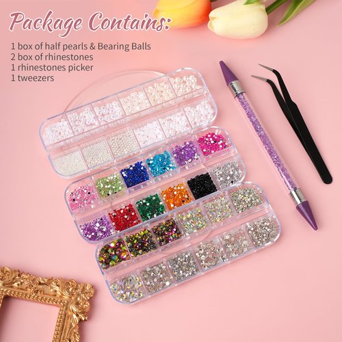 EARLMONI 5200PCS Nail Gems and Charms, AB Crystal Nail Rhinestones with Flatback Nail Pearls, Pick Up Tweezers, Rhinestone Picker Tool, Flat Back Nail Gems for Nail Art, Clothes, Face, Craft