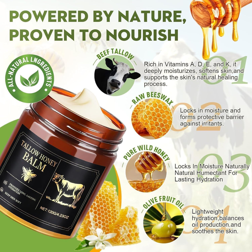 WOMEIKI Beef Tallow for Skin,Organic Whipped Beef Tallow Face Moisturizer with Raw Honey and Beeswax,Natural Grass Fed Tallow and Honey Balm,Moisturizer for Face,Body (Unscented)
