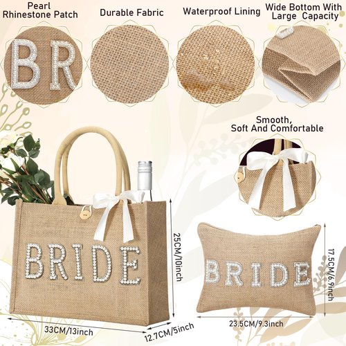 Sweetude 2 Pcs Bride Bag Set Bride Jute Beach Tote Bag with Ribbon Makeup Pouch with Rhinestone Letter Bridal Shower Gift for Bachelorette Wedding Engagement