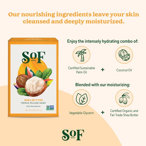 SoF Triple Milled Bar Soap - With Coconut Oil & Organic Shea Butter- Vegan & Non GMO- Free From Phthalates, Sulfates & Parabens- Shea Butter - 6 oz Bar 6 Bars