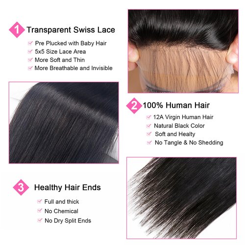 5x5 Transparent HD Lace Closure Silky Straight Human Hair Lace Closure Brazilian Virgin Remy Hair Invisible Lace Frontal Closure Pre Plucked Natural Black Color 16 Inch