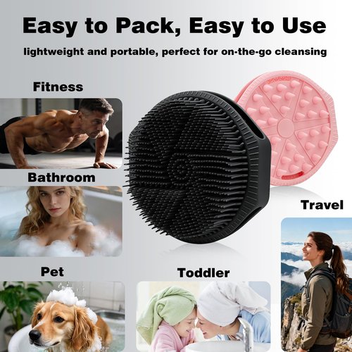 PeaKalo Silicone Body Scrubber for Men Women, Dual-Sided Gentle Exfoliating Body Scrubber Scalp Scrubber Massager for Deep Cleansing, Soft Silicone Loofah Body Brush with Hanging Holes (Black+Pink)