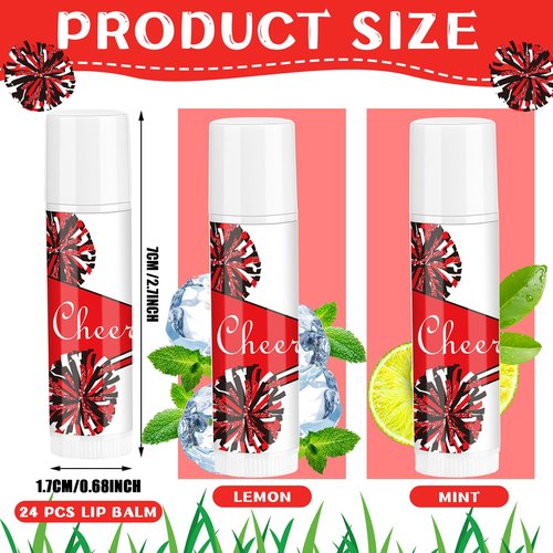 Suttmin 24 Pcs Cheer Lip Balm Bulk Cheer Teams Camp Gifts Pom Pom Leaders Party Favors Gear Lip Balm Valentine's Day Gift for Competitive Party Guest Supplies(Red)