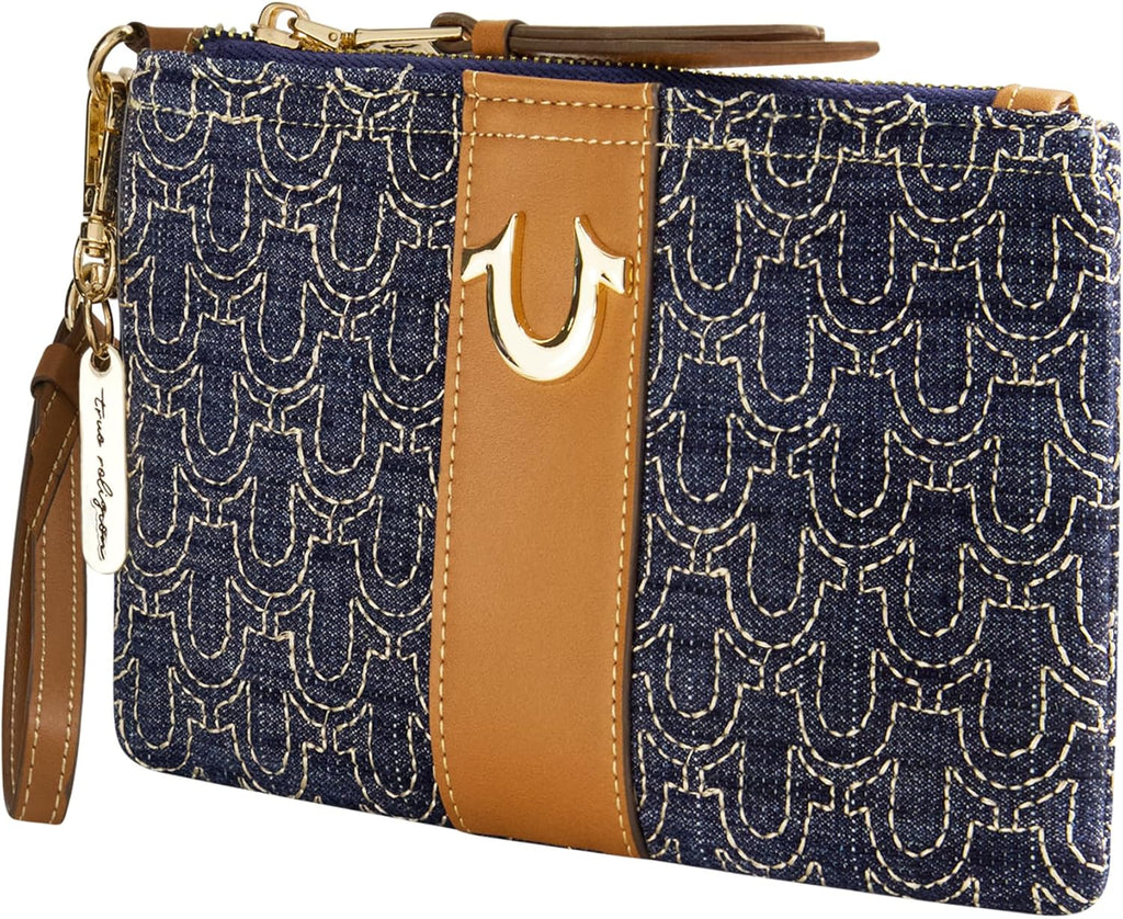True Religion Mini Wallet - Compact Quilted Clutch Pouch with Wrist Strap | Dark Denim, One Size