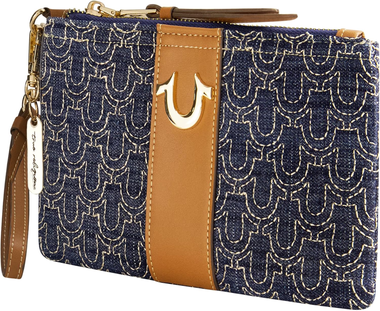 True Religion Mini Wallet - Compact Quilted Clutch Pouch with Wrist Strap | Dark Denim, One Size
