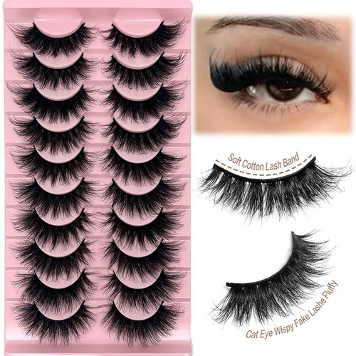 SISIYDY Mink Lashes Cat Eye Wispy Soft Faux Mink False Eyelashes Natural Look C Curl Full Strips Lashes Pack 18mm Long Dramatic 3D 8D Long Volume Thick Faux Mink Fake Eyelashes Bulk YH013