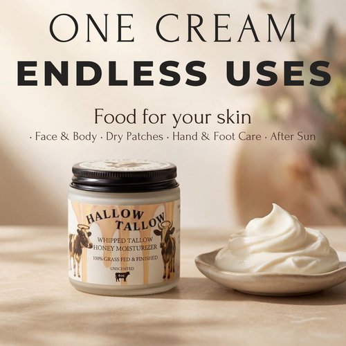 Hallow Tallow Whipped Beef Tallow Moisturizer – 100% Grass-Fed & Finished Tallow Balm with Manuka Honey, Jojoba & Olive Oil, Calendula Extract – Natural Hydrating Face & Body Cream, 4oz