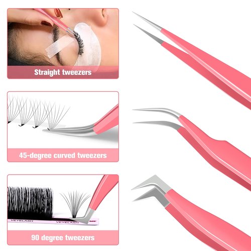 VEYES INC Lash Tweezers for Eyelash Extensions,High Precision Tweezers Kit Contains Isolation,Curved and Volume Lash Tweezers (3pcs) Pink