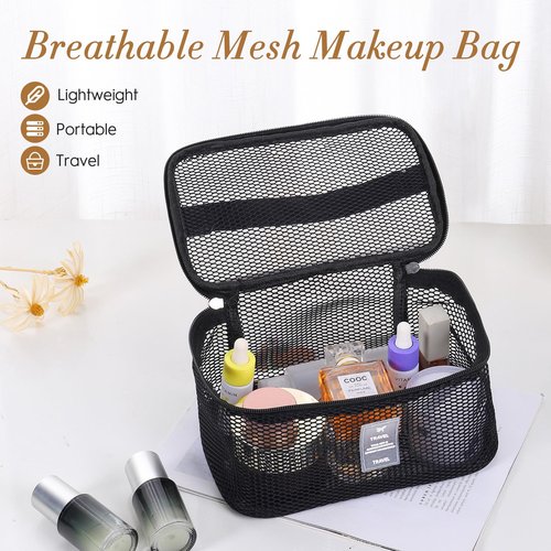 DALINEEYI Mesh Makeup Bag, Breathable Cosmetic Bags with Zipper, Travel Lightweight Make Up Organizer Mesh, Toiletry Bag with Handle for Women Girls Gift, Black
