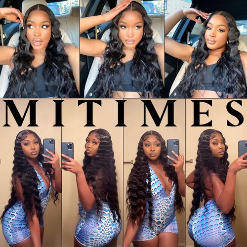 MITIMES 30inch HD Crimp Curly Lace Front Wig for Black Women Pre Plucked Human Hair Blended Synthetic Butter Loose Deep Wave Lace Frontal Curly Wigs(30Inch, Black)