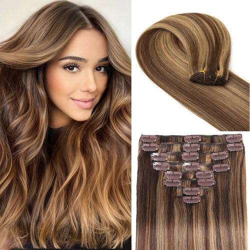 Clip in Hair Extensions Real Human Hair Balayage 14inch Chocolate Brown and Honey Blonde Human Hair Clip in Extensions 100% Human Hair Highlight Seamless Clip ins Extension for Women 8pcs Double Weft