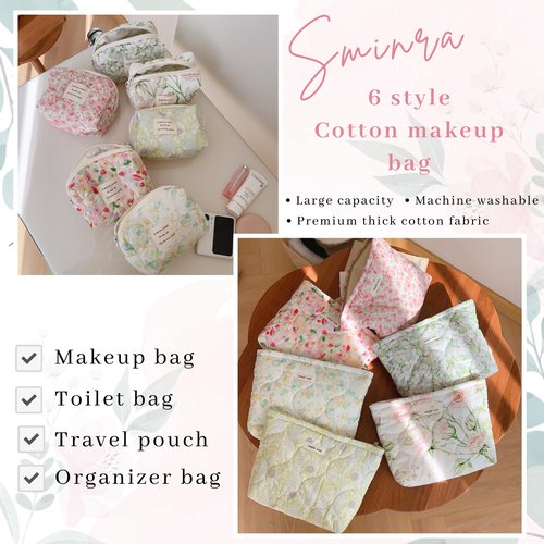 Sminra Floral Makeup Bag Small Travel Cotton Quilted Cosmetic Makeup Bag Organizer, Cute Coquette Aesthetic Zipper Portable Pouch Purse Toiletry Bag accessories