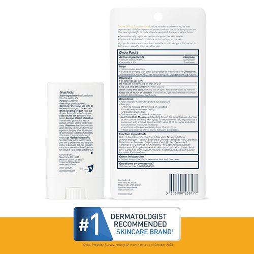CeraVe Mineral Sunscreen Stick SPF 50 - Broad Spectrum Protection with Hyaluronic Acid & Ceramides - Fragrance-Free & Oil-Free