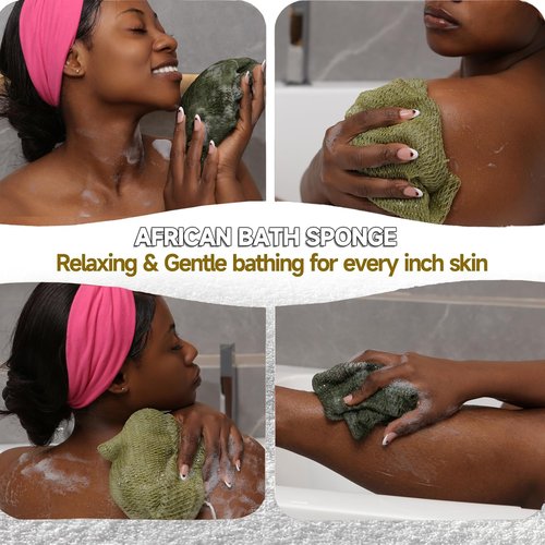 SubSahara Authentic African Net Sponge - 2 Pack Exfoliating Bath & Shower Loofah Sponge for Body & Face, Gentle Scrubber for All Skin Types, Travel, Durable (Olive Green & Light Green)