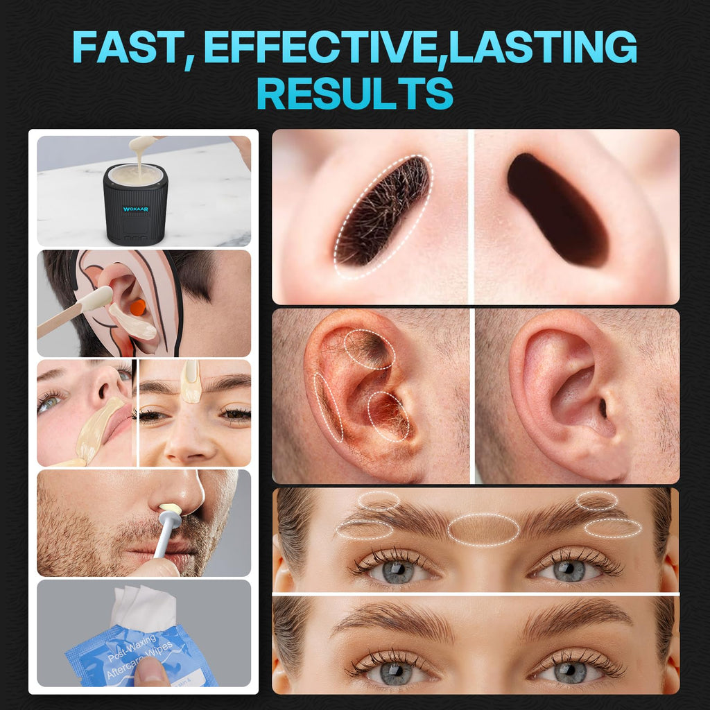 Wokaar Nose Wax Kit for Eyebrow and Ear Hair | 100gWax, 50 Face Waxing Sticks | USB-C(5V/2A) Wax Warmer | Hair Removal Kit for Men & Women | 15 Pre/Post Wipes, Ear and Mustache Guards & Earplug
