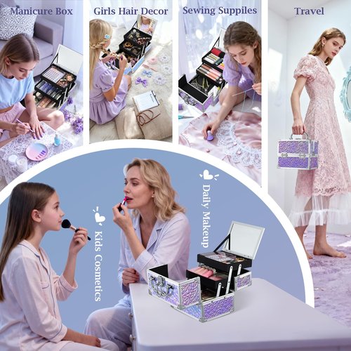 Costravio Makeup Box Organizer with Mirror, Makeup Case Train Case for Girls Women Kids Make up Box Makeup Case Organizer with Lock and Key Storage Vanity for Polishes Cosmetic Jewelry, Shiny Purple