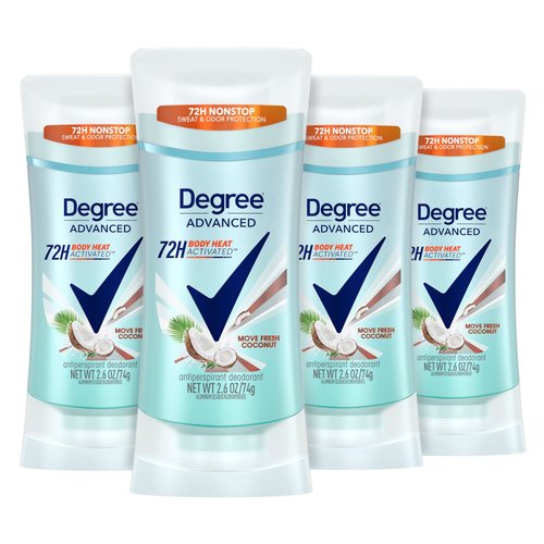 Degree Advanced Antiperspirant Deodorant Move Fresh Coconut 4 Count 72-Hour Sweat & Odor Protection Antiperspirant for Women with MotionSense Technology 2.6 oz