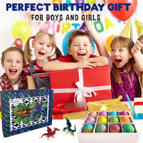 Bath Bombs for Kids with Surprise Inside - 12 Organic Bubble Bath Fizzies with Dragon Egg Toys. Gentle & Kids Friendly w/Rich Bubbles & Rainbow Colors, Easter Basket Essentials for Boys, Girls, Kids