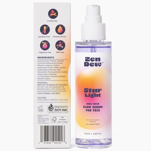 Clinically Advanced Korean Snail Mucin Serum - Star Light by Zen Dew (3.38 oz) Brightening, Anti-Aging & Hydrating K Beauty Face Serum for Glass Skin Glow – Smoothing Korean Skin Care