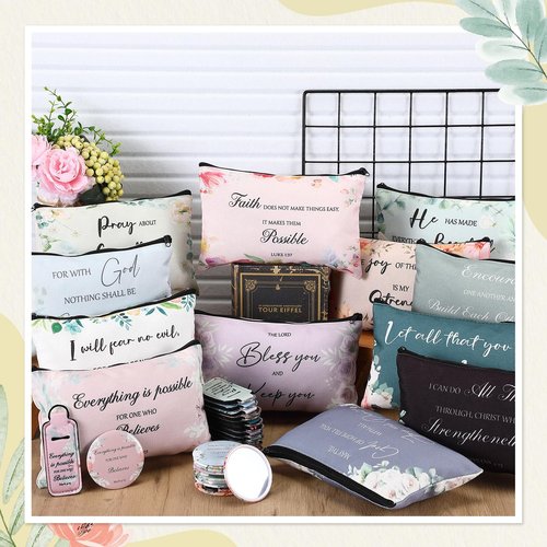 Marsui 36 Pcs Christian Gifts for Women Mother's Day Church, 12 Set Christian Makeup Bags Bible Verse Compact Makeup Mirrors Lipstick Lip Balm Holder Bulk Bible Study Supplies Religious Baptism Gifts