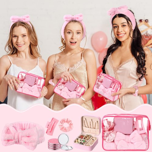 Liliaafar 36 Pcs Teen Girl Party Favors Preppy Gifts Sets Bulk 6 Friendship Bracelets 6 Bow Spa Headband 6 Scrunchies 6 Hair Clip 6 Jewelry Cases 6 Makeup Bags for Women Friend Preppy Gifts(Pink)