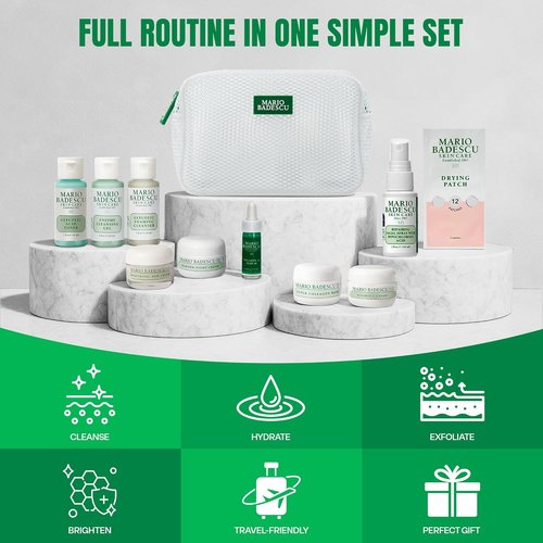 A Little Bit of Mario 10-Piece Skincare Kit | Brightening Vitamin C Serum, Glycolic Acid Toner & More - Anti-Aging, Hydration & Travel Gift Set