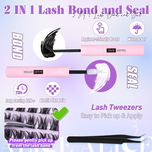 ALICE Wispy Lash Clusters Kit Natural Fluffy Lash Extension Kit Cluster Eyelash Extension Kit 162pcs C Curl 10-18mm Eyelash Clusters with Lash Glue Bond and Seal Lash Tweezers