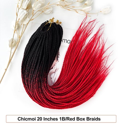 Ombre Red Crochet Braids Pre Looped 20 Inch T1B/red Box Braids Crochet Hair For African women Girl 6 Packs Small Size Crochet Box Braids Extension (Black to Red, 20 inch 6 packs)
