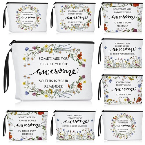 Reginary 10 Pcs Makeup Bags Gift for Women Bulk Inspirational Flower Canva Cosmetic Bag with Zipper You Are Awesome Thank You Gift for Staff Employee Coworker Team Nurse Caregiver (Inspirational)