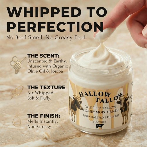 Hallow Tallow Whipped Beef Tallow Moisturizer – 100% Grass-Fed & Finished Tallow Balm with Manuka Honey, Jojoba & Olive Oil, Calendula Extract – Natural Hydrating Face & Body Cream, 4oz