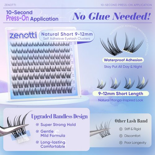 Self Adhesive Eyelashes Natural Self Adhesive Cluster Lashes No Glue Wispy Eyelash Clusters Pre Glued Short 9-12mm Manga Lash Cluster Press on Individual lashes by zenotti