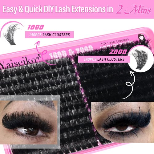 Lash Clusters 100D+200D Thick Volume Eyelash Clusters 12-25mm Wispy Individual Mega Lashes Cluster Long Eyelash Extensions 280Pcs DIY Lash Extension Replacement for Yaiseiko