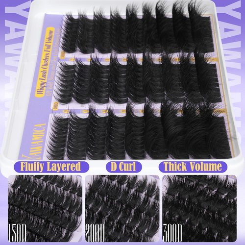Fluffy Lash Clusters 150D+200D+300D Thick Volume Cluster Eyelash Extensions 12-25mm Dramatic Long Eyelash Clusters Wispy Individual Lashes D Curl Cluster Lashes DIY Glam Lash Extension by Yawamica