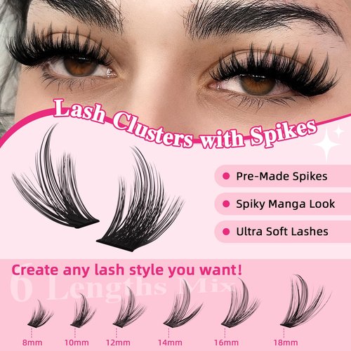 PROLASHBEAUTY Lash Clusters with Spikes 80D 100D Manga Lash Clusters Kit Spiky Eyelash Clusters Lash Bond and Seal Lash Remover Lash Tweezer Apply at Home(80D+100D, 8-18mix)