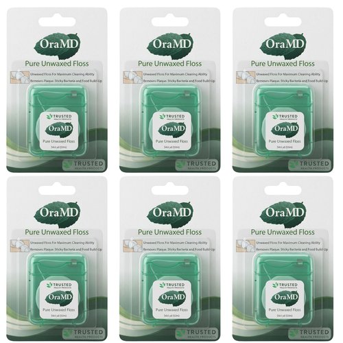 OraMD Oral Care Pure Unwaxed Dental Floss 54.6 Yards - PFAS-Free, Chemical Free, Shred Resistant - Unscented and Ultraclean Plaque Removal - Teeth and Gum Protection for Adults - Pack of 6