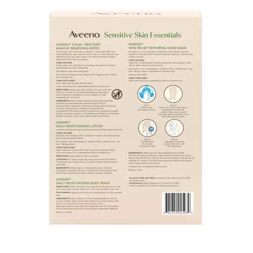 Aveeno Sensitive Skin Essentials Gift Set with Daily Moisturizing Lotion, Body Wash, Calm + Restore Makeup Removing Wipes, & Skin Relief Repairing Hand Mask, 4 Items