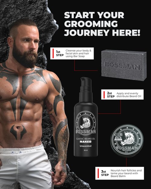 Bossman Starter Beard Kit for Men – Beard Oil (2 oz), Beard Balm & Bar Soap – Natural & Organic Grooming Kit – Made in the USA Men Gift Set (Naked – Unscented)