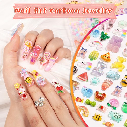 Kikonoke 300PCS Kawaii Nail Charms Kit, 3D Animal & Candy Resin Charms for Acrylic Nails, Cute Bear Bee Fruit Nail Art Supplies with Tweezers for DIY Crafts & Shoe Decor