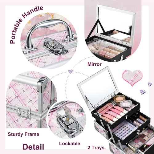 FRENESSA Makeup Train Case Portable Makeup Case Organizer Cosmetic Box Make Up Box Makeup Organizer Cases with Mirror Locking Nail Kit Organizer Travel Case Pink Plaid