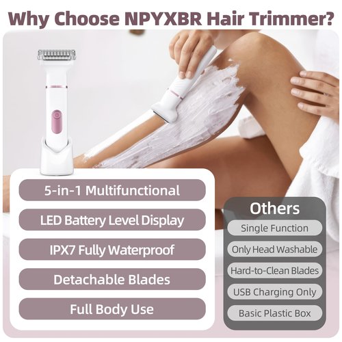 NPYXBR 5-in-1 Bikini Trimmer for Women: IPX7 Waterproof Electric Razor Shaver for Face, Pubic Area, Leg, Arm, Underarm, Nose, Rechargeable Body Hair Removal, LED Display, Ceramic Blade, Gifts for Her