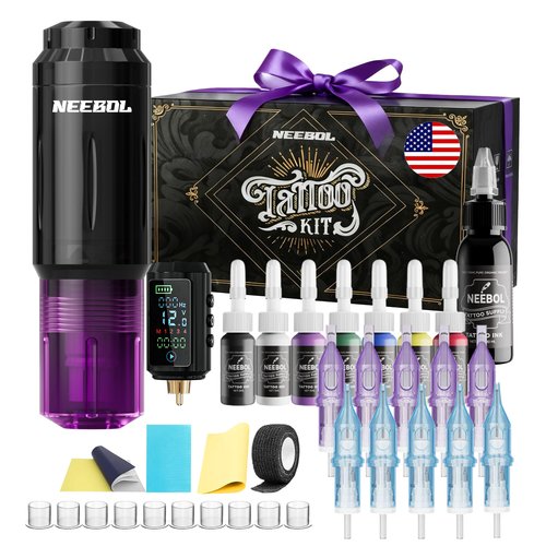 Neebol Tattoo Gun Kit for Beginners – Wireless Tattoo Gun with 1600mAh Battery, Tattoo Pen Machine, 10 Cartridge Needles, Black & Color Ink Set, Complete Tattoo Kit