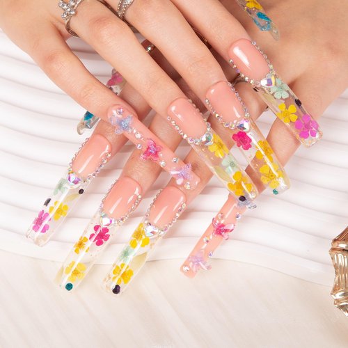 LOVFUL Press on Nails Flora | Handmade with Full Covered Crystals | Reusable Full Cover Nails | Square Long 2.2 in | H176-M