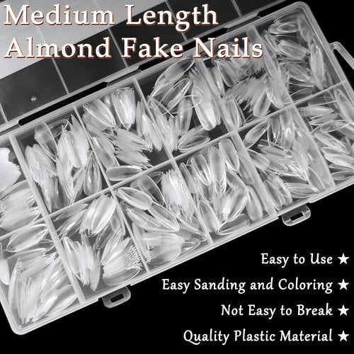 AddFavor 600pcs Almond Nail Tips Medium Fake Nails - Soft Gel Nail Tips Almond Shape Clear Acrylic Nails Tips for Nail Extensions, 12 Sizes Gel Nails Press ons Manicure Salon Home DIY