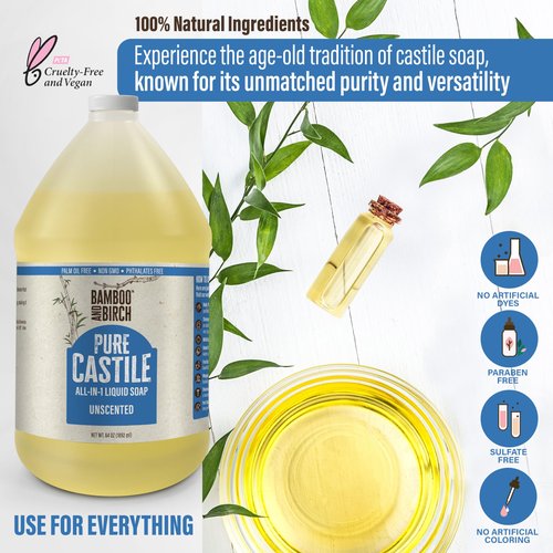 BAMBOO AND BIRCH Pure Castile Soap Liquid, Certified Palm Oil Free Natural Soap, Unscented, 64 oz