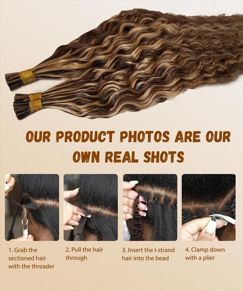 Curly I Tip Hair Extensions Human Hair 4P27 Water Wave Cold Fusion Itip Flawless Microlinks Hair Extensions Invisible Blends Naturally Individual Strands for Black Women 50G 16Inch Brown to Blonde
