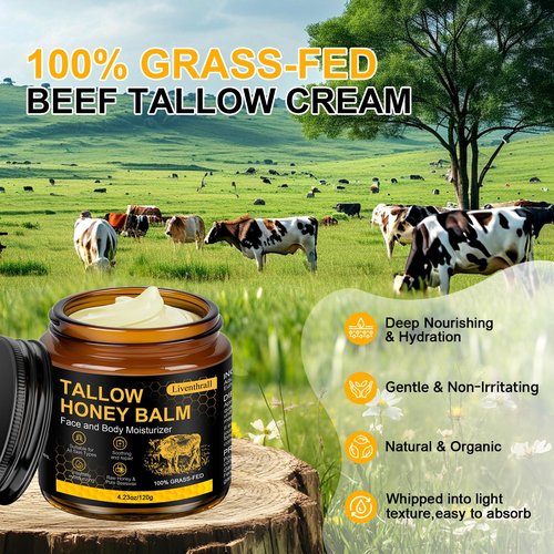 Organic Beef Tallow Honey Balm for Skin & Face, Whipped Beef Tallow Face Moisturizer with Raw Honey, Grass Fed Cow Beef Tallow Cream, All Natural Pure Body Lotion for Women & Men, Unscented 4.2 OZ